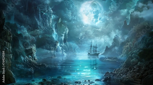 A fantasy cove with hidden treasure  illuminated by moonlight piercing through mist