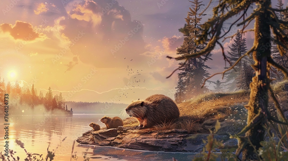 Animated beavers building a dam sunrise background low angle watercolor style whimsical , ultra-detailed - obrazy, fototapety, plakaty 