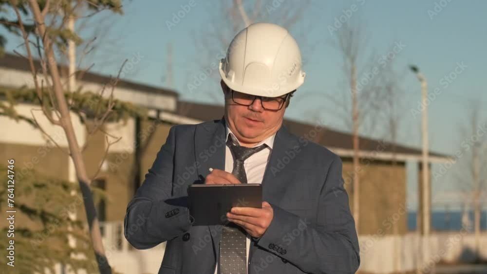 Confident middle-aged engineer contractor methodically writes down readings while doing an audit and quality control of construction site work while standing in a protective helmet and tie. Mid shot. Confident middle-aged engineer contractor methodically writes down readings while doing an audit and quality control of construction site work while standing in a protective helmet and tie. Mid shot.