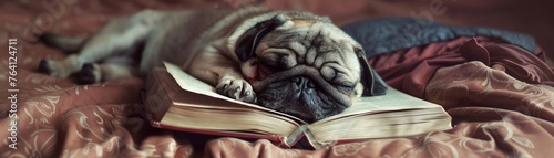 A pug sleeps on its back a book covering its face and drool escaping its mouth in a cozy nap scene , ultra-detailed