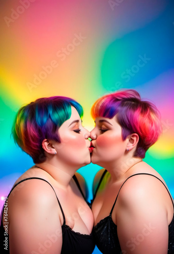 Two girls interracial kissing silhouette rainbow neon background pride gay lesbian