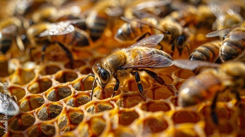 Intricate detail of honeybees at work on a golden honeycomb