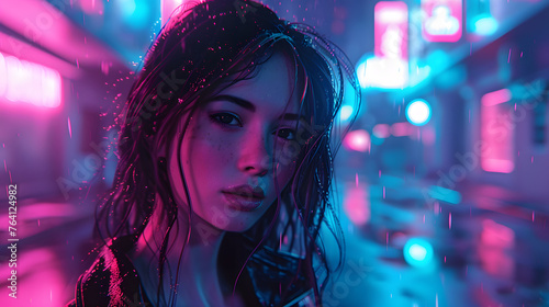 Digital art showing a girl with a reflective expression, standing in the rain under neon lights