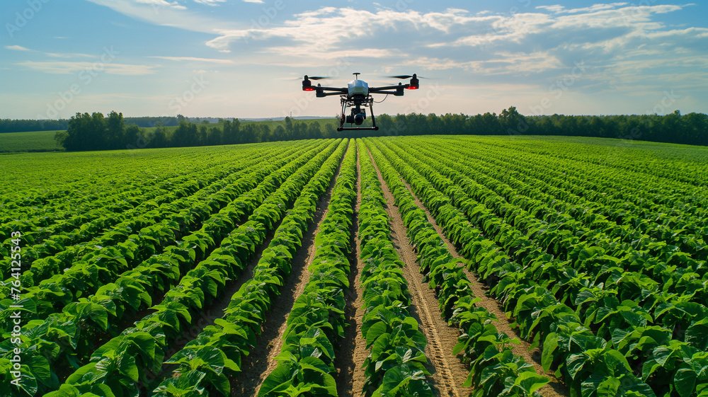Drone flying over vegetable farms on a sunny day. Represent modern agricultural innovations and modern farming that uses technology for The future of food. Drone flying over vegetable farms on a sunny day. Represent modern agricultural innovations and modern farming that uses technology for The future of food.