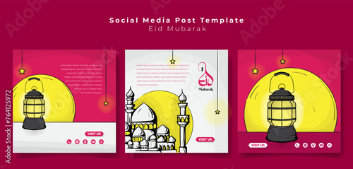 Set of social media post template with illustration of lantern and mosque in line art design. Islamic background for eid or ramadan social media post template in pink design