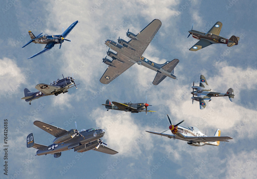 WWII Allied Aircraft Collage showing B-17 and B-25 bombers; Corsair, P ...