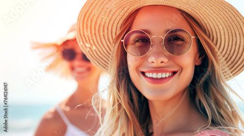 Smiling Woman in Sunhat Enjoying Beach Vacation with Friends