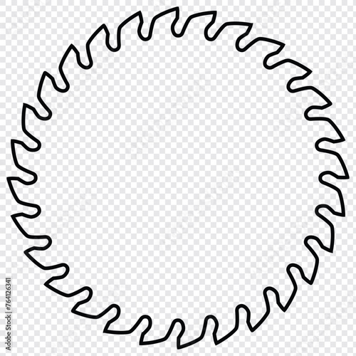 circular saw blade. Vector with whole sawblade. Outline and linear illustration on transparent background.