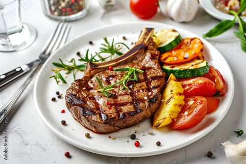 delicious juicy steak with vegetables on a white plate in a restaurant on a white table.