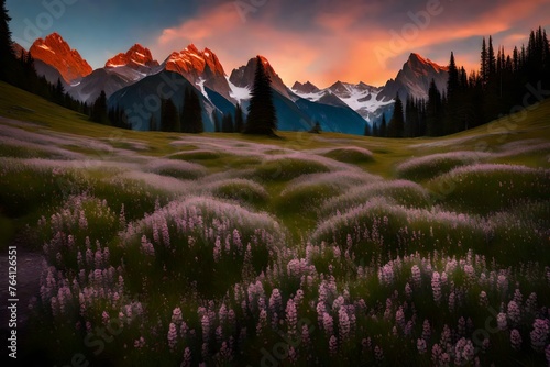 A pristine alpine meadow bathed in the soft glow of dawn, surrounded by majestic peaks.