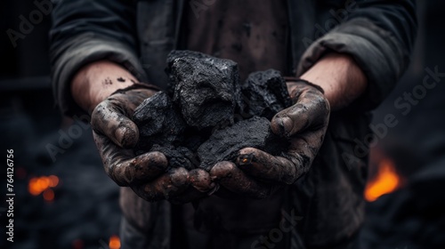 A man is holding a pile of coal in his hands