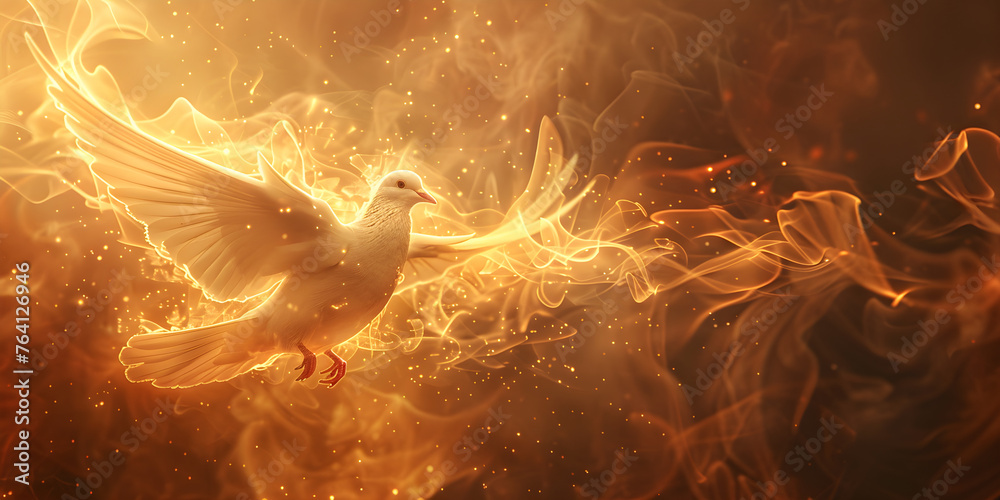 A representation of the New Testament Holy Spirit in flames with a winged dove, with copy space. Ideal for religious concepts and Christian faith-related content. - obrazy, fototapety, plakaty 
