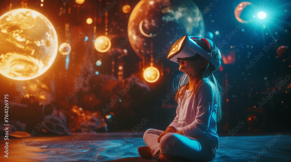 A little girl is in a virtual fantasy space universe with planet when wearing VR headset.