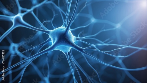 Nerve cell blue color banner, system neuron of brain with synapses. Medicine biology background
