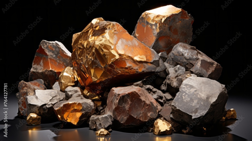 A pile of rocks with gold and black stones - obrazy, fototapety, plakaty 