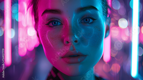 A mesmerizing close-up of a woman with blue eyes enhanced by radiant neon lights