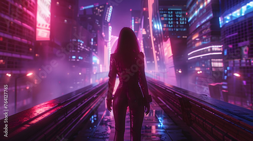 A woman walking on an elevated platform in a cyberpunk city with bright neon signs and futuristic architecture