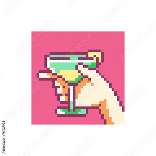 Pixel Art Hand Holding Tropical Cocktail Glass. 8 bit Pattern for Print. Vacation and Summer Party Illustration. 