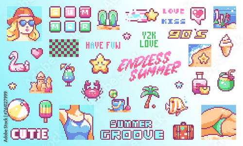 Retro Summer Pixel Art Sticker Collection: 8 Bit Game Style Icons of Fashion accessories, Sunglasses, Hat, ice cream, Sunset, Palm Tree, Crab, Flamingo, Tropical, Cocktail, Beauty Woman in Swimsuit.