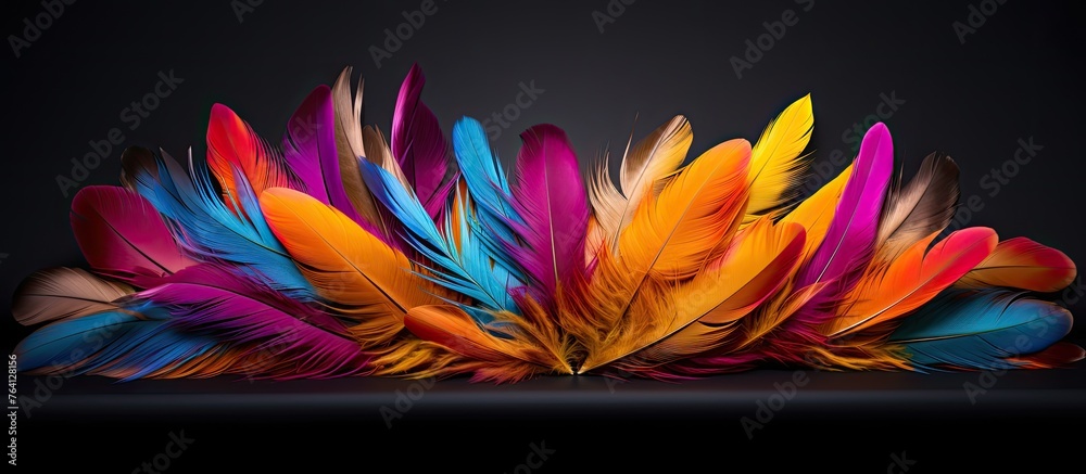 A close up view showing a selection of vibrant feathers arranged on a black background