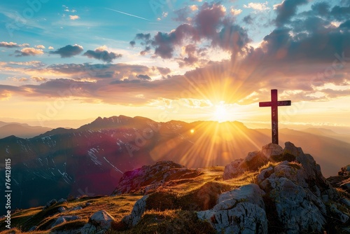 A powerful image of a cross silhouette on a mountain peak, representing strength and achievement in faith