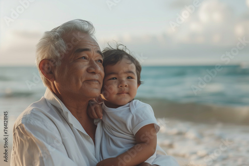 Grandfather holding his grandson at the beach, cheeks together and looking into the distance.  Both are wearing white shirts