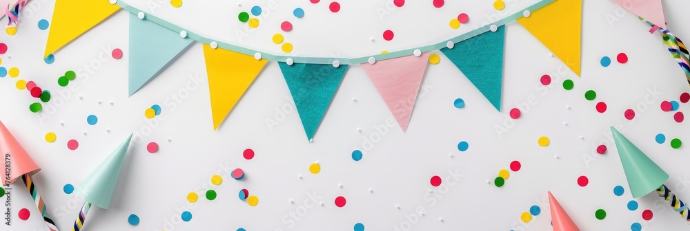 Colorful paper bunting flags strung up for a celebration, with a minimalist design on a clean white background - AI generated - obrazy, fototapety, plakaty 