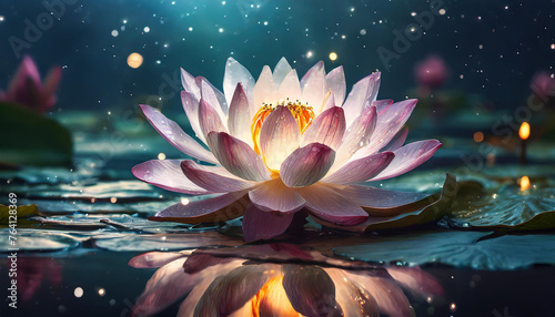 Glowing lotus in water at night. Luminous particles in the air. Beautiful flower. Dark backdrop.