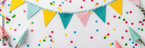 Colorful paper bunting flags strung up for a celebration, with a minimalist design on a clean white background - AI generated photo