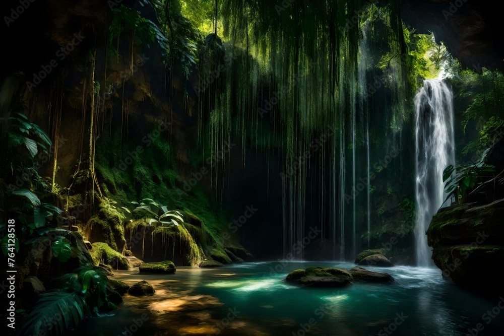 A secluded cave entrance hidden behind a cascading veil of a jungle waterfall, hinting at mystery within.