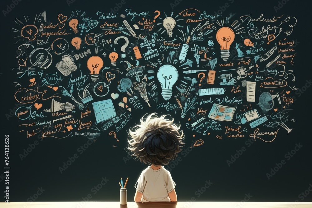 Thinking child with light bulb in idea concept Thinking child with light bulb in idea concept