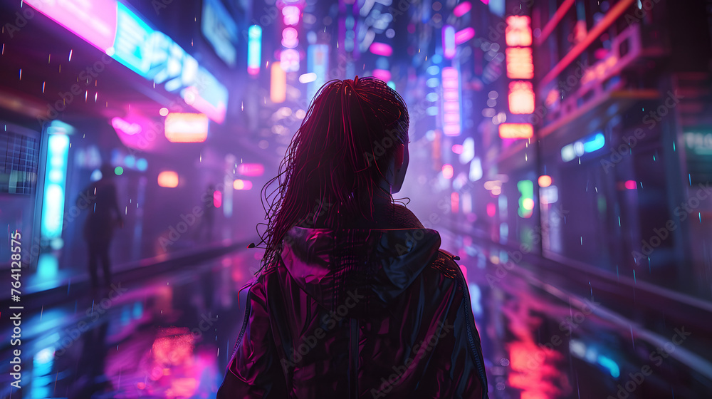 A rear view of a woman observing a city soaked in rain with reflections of neon signage at night