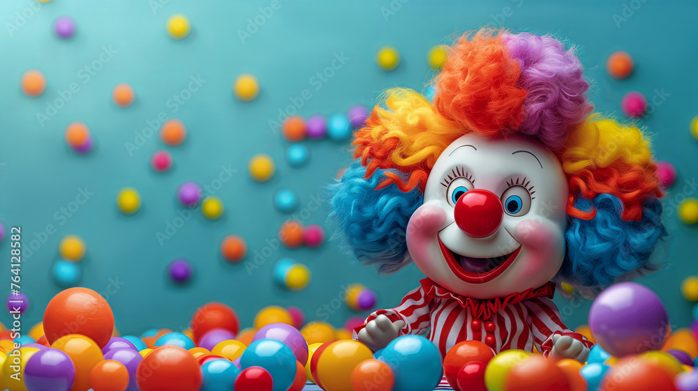 Toy clown with a kind smile sitting on colored balls on a blue background