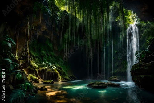 A secluded cave entrance hidden behind a cascading veil of a jungle waterfall, hinting at mystery within. © Malaika