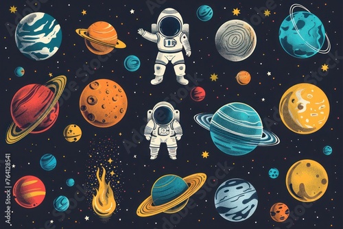 Background design with many planets in space illustration. Space icon set and astronaut