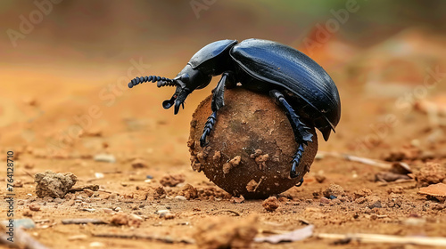 Shiny black dung beetle laboriously rolling a large dung ball on dry soil