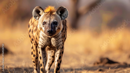 Spotted hyena standing in a golden savannah under the soft light of morning © thanakrit