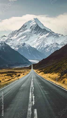 Road Leading to Snow-Covered Mountain