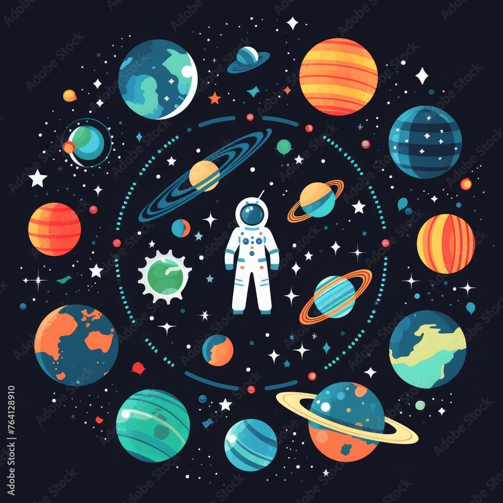 Background design with many planets in space illustration. Space icon set and astronaut Background design with many planets in space illustration. Space icon set and astronaut