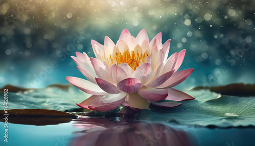 Glowing lotus in water at night. Luminous particles in the air. Beautiful flower. Dark blurred bokeh