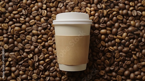 The coffee cup is in the center of the frame. Available in beige and white blank coffee brand labels with coffee beans.