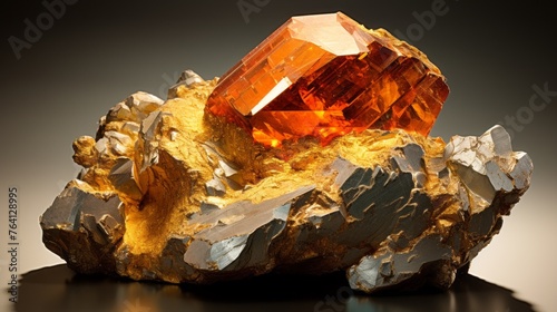 A large orange crystal sits on a rock