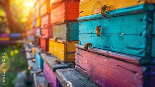 Sunrise activity at the colorful bee hives, showcasing the beauty of nature's pollinators © sopiangraphics