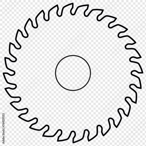 circular saw blade. Vector with whole sawblade. Outline and linear illustration on transparent background.