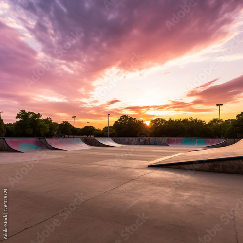 arge outdoor skate park empty at an angle during bright sunset created with Generative Ai