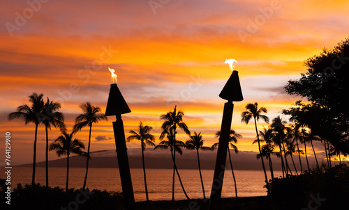 Hawaiian sunset with beautiful ocean and beach