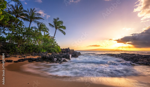 Hawaiian sunset with beautiful ocean and beach
