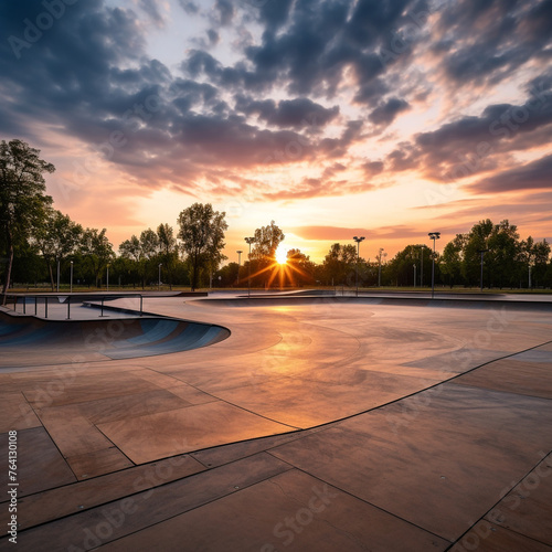 arge outdoor skate park empty at an angle during bright sunset created with Generative Ai