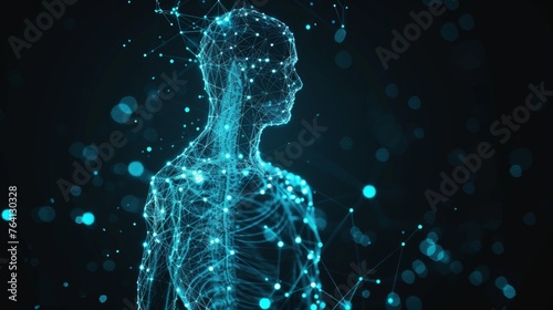 Glowing hologram of human body 3D bone system structure with dark background.