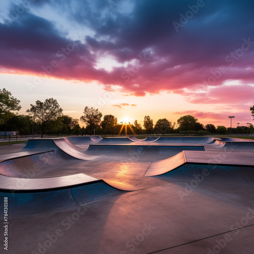 arge outdoor skate park empty at an angle during bright sunset created with Generative Ai